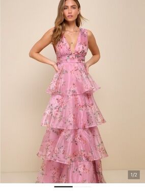 Lulu’s Garden Radiance Pink Floral Print Organza Tiered Maxi Dress | XS